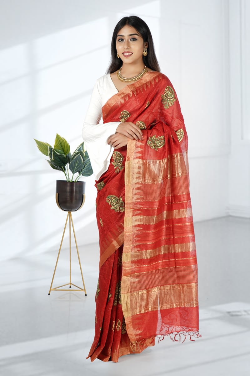 Red Embroidered Tussar Silk Saree - Vayan Clothing