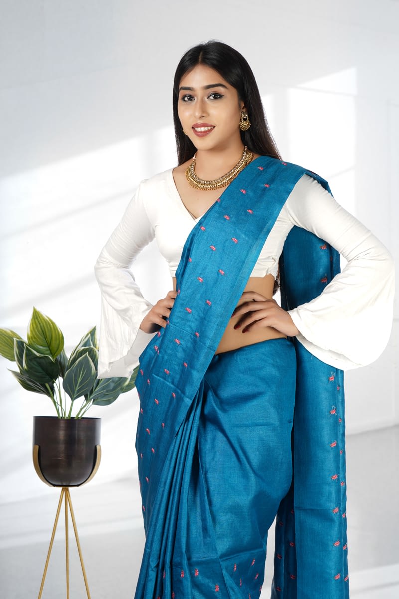 Blue Embroidered Tussar Silk Saree - Vayan